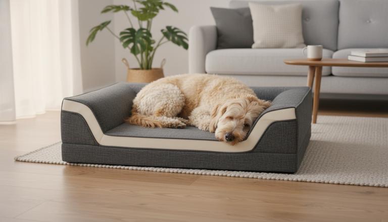 A realistic, editorial-style photo of a small to medium-sized dog comfortably resting on a stylish, premium orthopedic dog bed with thick memory foam padding. The bed is placed in a modern, cozy indoor setting with natural light highlighting the texture of the eco-friendly fabric and foam layers. The dog appears relaxed and content, showcasing the perfect balance of soft cushioning and firm support. The background features subtle home decor elements emphasizing a warm, inviting atmosphere without distracting from the bed and dog. The image is in a 16:9 aspect ratio with no text, logos, or captions.
