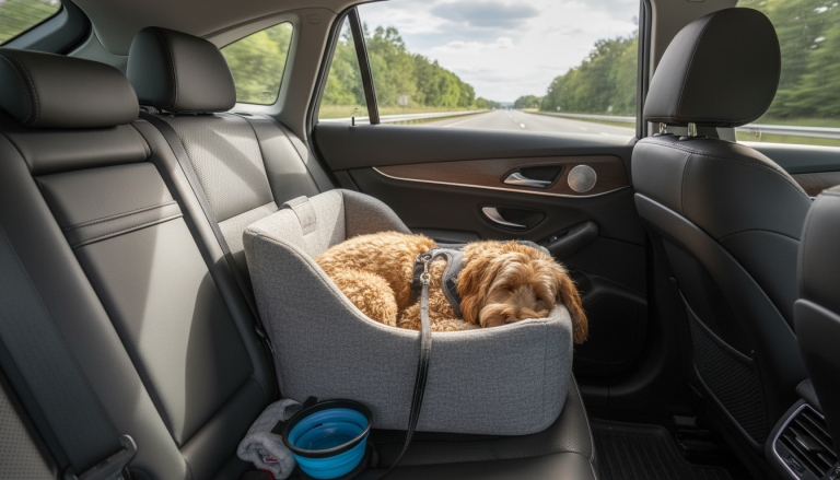 A small to medium-sized dog comfortably resting inside a modern car interior during a road trip, secured safely in an ergonomic dog carrier or harness, with soft natural light highlighting the cozy and calm atmosphere; visible travel essentials like a collapsible water bowl nearby, a clean car environment showing a glimpse of a scenic highway outside the window, emphasizing safety, comfort, and companionship in realistic editorial style, 16:9 aspect ratio.