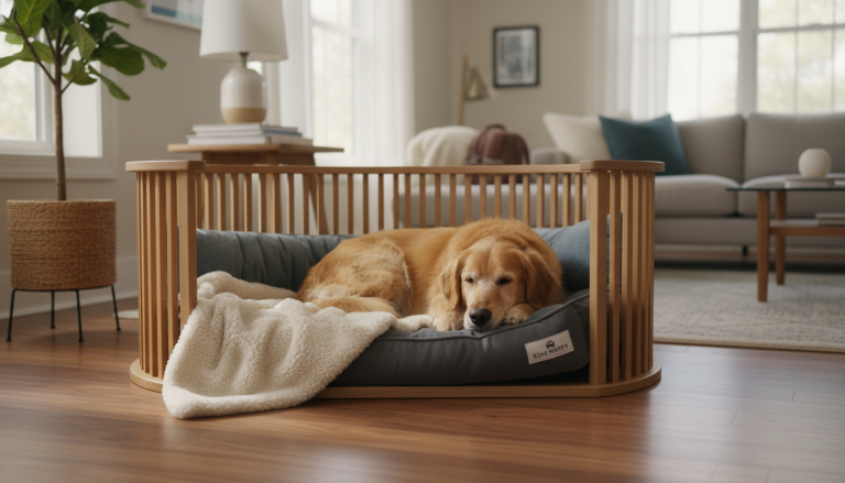 A realistic, warm indoor scene showing a small to medium dog resting comfortably inside a stylish, ergonomic dog crate placed thoughtfully in a quiet, well-ventilated living room corner. The crate features premium soft bedding and King Wuff’s orthopedic dog bed accessories. Soft natural light filters in through a nearby window, avoiding direct sunlight on the crate. The surrounding environment is calm and clean, with minimal foot traffic indicated by subtle household elements, emphasizing safety, comfort, and a premium lifestyle for the dog. The focus is entirely on the dog and crate, conveying a sense of wellbeing and careful crate placement. 16:9 aspect ratio.