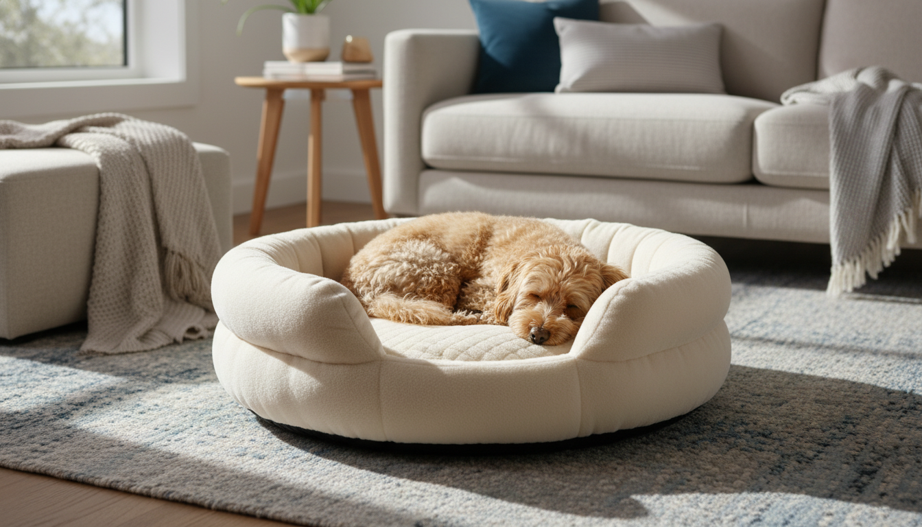 Dog resting comfortably in a premium donut dog bed by King Wuff