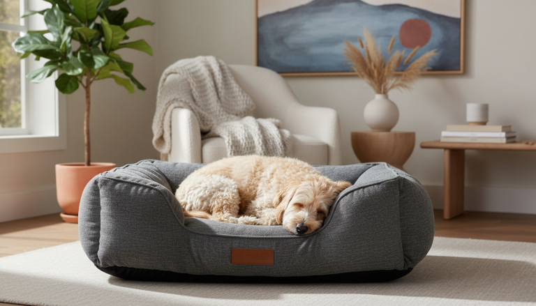 A cozy, stylish indoor setting featuring a small to medium-sized dog peacefully curled up and resting on a premium orthopedic dog bed with raised bolsters, showcasing ergonomic design and plush, eco-friendly materials; natural daylight softly illuminating the scene, highlighting the bed’s texture and comfort, with subtle home decor elements that emphasize a modern, elegant lifestyle environment; 16:9 aspect ratio, realistic editorial photography style, no text or logos.