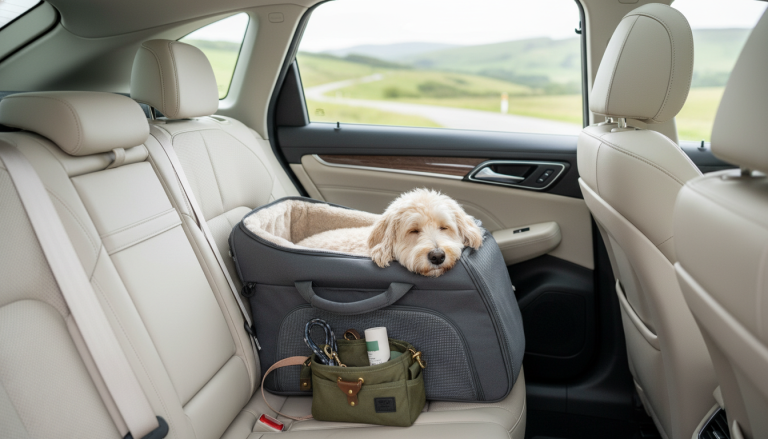 A realistic, editorial-style image of a small to medium-sized dog comfortably nestled inside a stylish, ergonomic dog carrier bag designed for travel, placed on the back seat of a clean, modern car. The car interior is bright and airy with natural light streaming through the windows, emphasizing comfort and safety. Nearby, a compact, elegant dog walking bag rests within easy reach, hinting at organized travel essentials. The dog looks calm and content, showcasing a premium, cozy environment that highlights both the product’s quality and the pet’s wellbeing during a road trip. The image is in 16:9 aspect ratio, focusing on a harmonious blend of pet comfort, safety, and stylish travel gear.