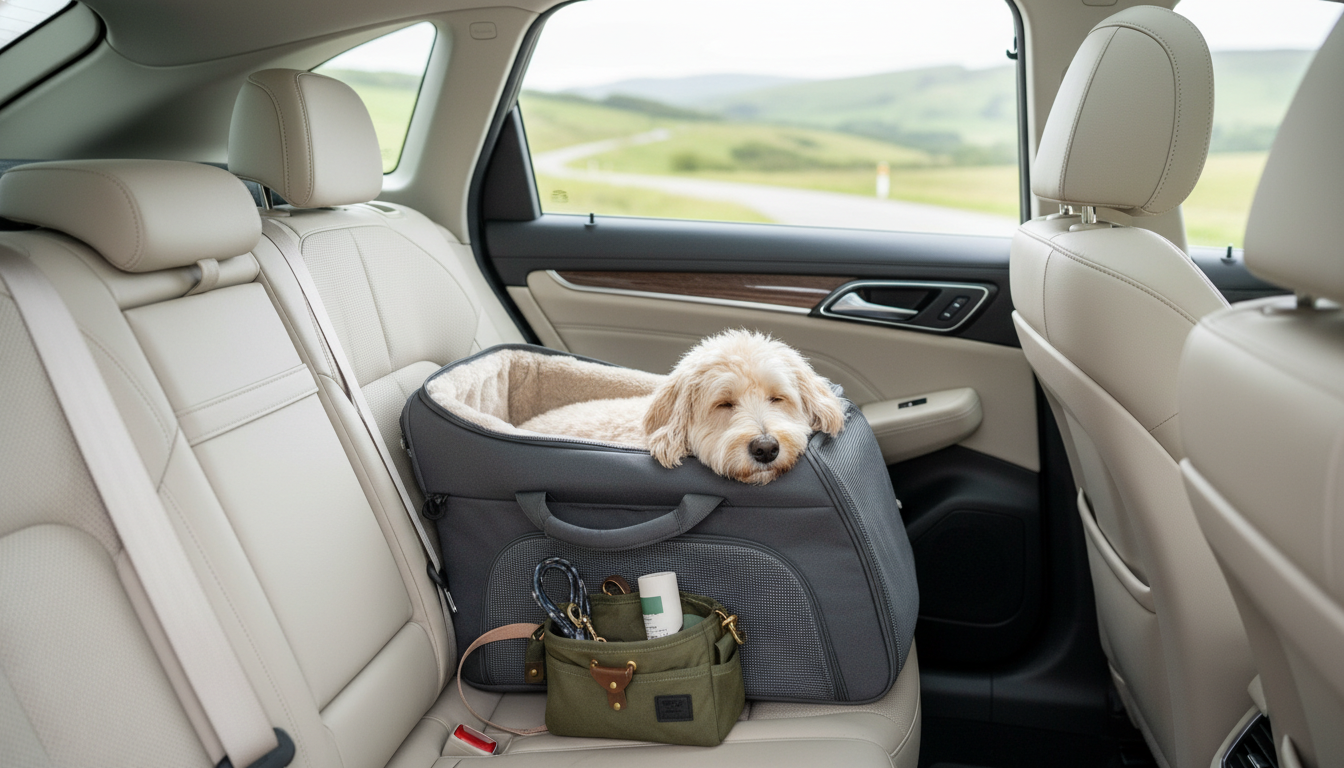Small dog traveling comfortably in a car with safety carrier and mat