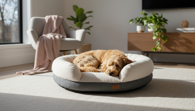 A realistic, warm, and inviting indoor scene featuring a small to medium-sized dog comfortably curled up in a premium, stylish round orthopedic dog bed with raised edges. The bed is made from soft, eco-friendly materials in neutral, elegant tones, placed in a cozy, modern living room with natural light. The focus is on the dog’s relaxed posture and the supportive, cushioned design of the circular bed, highlighting comfort, health benefits, and stylish pet accessories in a home setting. 16:9 aspect ratio, editorial photography style, no text or logos.