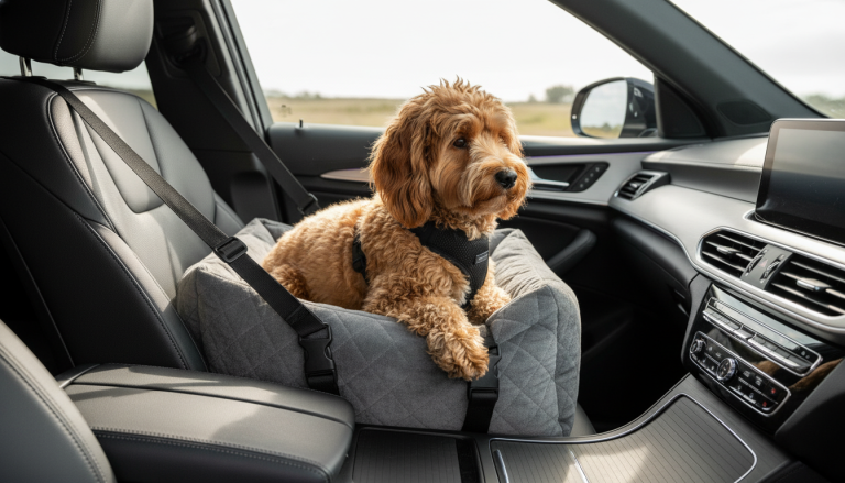 A realistic 16:9 image showing a small to medium-sized dog comfortably sitting in a stylish, ergonomic dog car seat inside a modern car. The dog seat features soft padded cushioning with secure harness attachments, positioned on the passenger seat. The car interior is clean and tidy, with natural daylight highlighting the premium materials of the seat. The dog looks calm and content, gazing out the window, conveying safety, comfort, and style during travel.