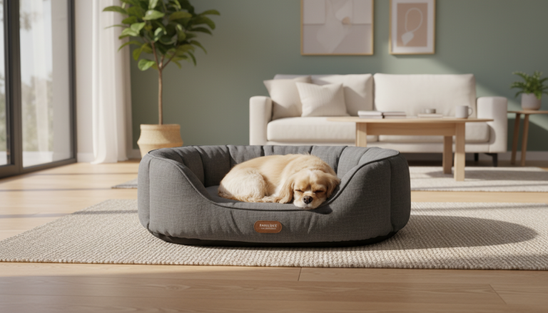 A cozy, stylish indoor scene featuring a small to medium-sized dog comfortably resting on a premium orthopedic dog bed. The bed is prominently displayed in a modern, well-lit living space with minimalist decor, showcasing a plush, high-quality material with raised edges for support and ergonomic design. The dog is peacefully curled up, illustrating comfort and security. Natural light filters through a nearby window, highlighting the soft textures and eco-friendly fabric of the bed. The overall atmosphere is warm, inviting, and elegant, emphasizing pet wellbeing, comfort, and sophisticated style in a realistic editorial style, with a 16:9 aspect ratio.