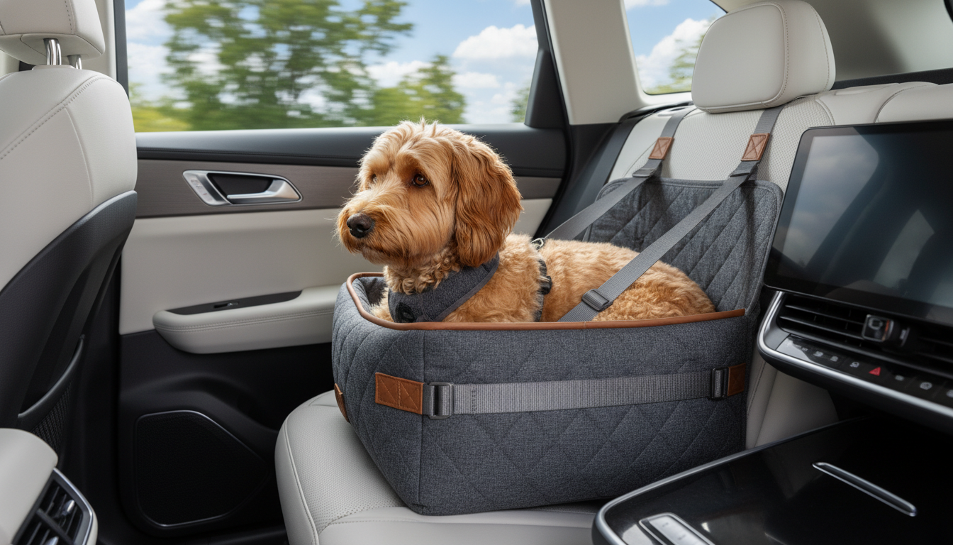 Dog comfortably seated in a car dog seat for safety and comfort