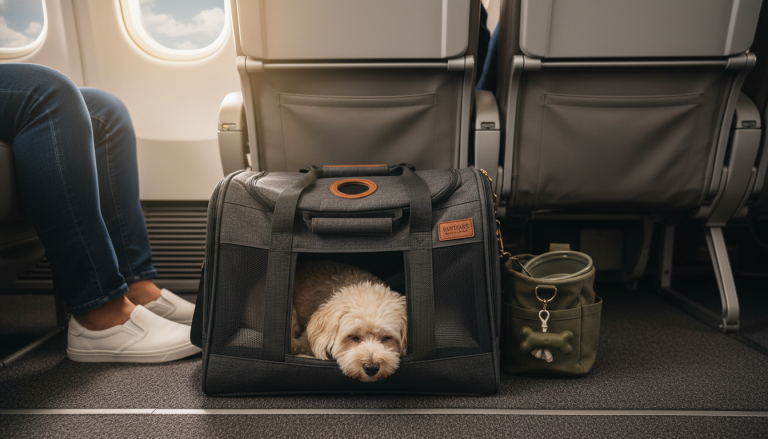 A realistic, well-lit scene inside an airplane cabin showing a small dog comfortably resting inside a stylish, airline-approved soft-sided pet carrier placed securely under the seat in front of a passenger. The passenger’s legs are visible wearing casual travel clothes, with subtle travel essentials like a compact dog walking bag nearby. The carrier is cozy and ergonomically designed, highlighting safety and comfort in an authentic travel context, with soft natural lighting coming through the airplane window. The overall mood is calm and reassuring, emphasizing safe and stylish air travel with a small dog. The image is in a horizontal 16:9 aspect ratio.