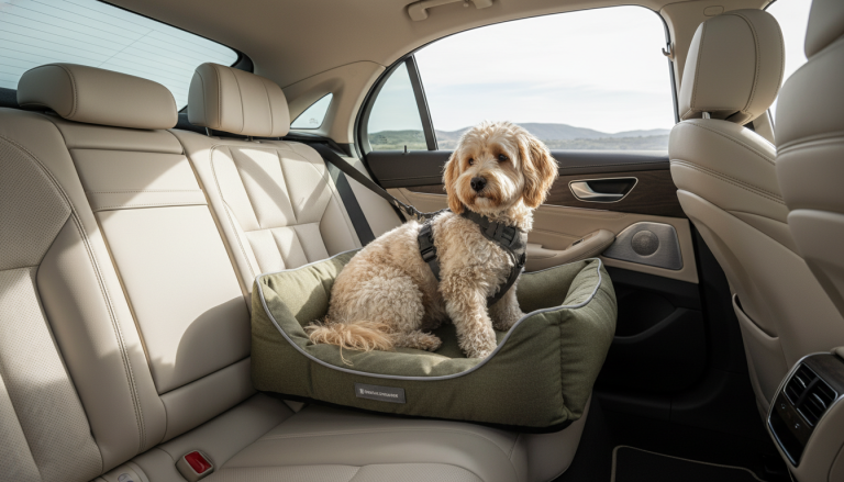 A realistic and editorial-style 16:9 image of a small to medium-sized dog securely seated in the rear passenger seat of a modern car, wearing a stylish, crash-tested harness attached to the seat belt. The dog looks calm and comfortable, resting on an ergonomic, premium dog bed or carrier bag designed for travel. Soft natural daylight filters through the car windows, highlighting the clean interior and emphasizing safety and comfort. No visible text, logos, or branding.
