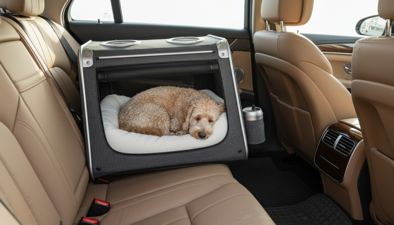 A realistic, editorial-style image of a modern car interior focusing on the back seat area, showing a small to medium-sized dog comfortably resting inside a stylish, ergonomic dog carrier securely fastened with a seatbelt behind the front passenger seat; soft orthopedic bedding and ventilation features visible through mesh panels; natural daylight illuminating the clean, premium materials of the carrier and car interior, conveying safety, comfort, and premium pet travel experience without any text or logos, in 16:9 aspect ratio.
