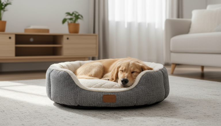 A realistic, editorial-style image of a small to medium-sized dog comfortably curled up in a cozy, stylish round dog bed with raised edges, placed in a bright, modern living room setting. The bed features premium, textured fabric with orthopedic cushioning visible in detail. Soft natural lighting highlights the dog's relaxed expression and the bed’s ergonomic design, conveying warmth, comfort, and security. The background is clean and inviting, emphasizing a pet-friendly home atmosphere without any text or logos. The image is framed in a 16:9 aspect ratio suitable as a blog hero image.