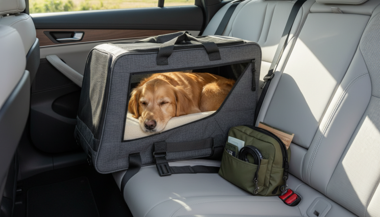 A realistic, editorial-style image in 16:9 aspect ratio showing a medium-size dog comfortably resting inside a stylish, ergonomic, crash-tested dog carrier bag placed securely in the back seat of a modern car. The carrier features breathable mesh panels and orthopedic bedding visible inside, with natural daylight highlighting the premium, eco-friendly materials. Beside the carrier, a sleek, waterproof dog walking bag with organized compartments is neatly packed. The scene evokes a calm, safe, and stylish atmosphere focused on premium pet travel comfort and safety. No text or logos.