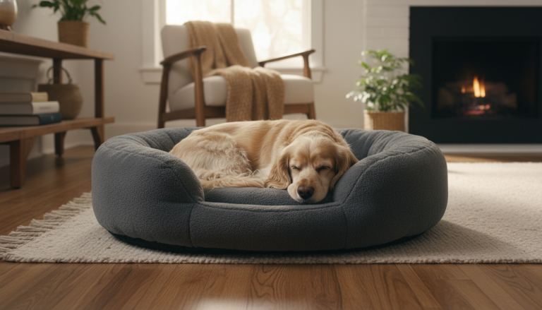 A small to medium-sized dog curled up tightly in a cozy donut-shaped sleeping position on a luxurious orthopedic dog bed with raised, cushioned edges, in a warm and inviting indoor setting that emphasizes comfort and security, realistic editorial style, natural soft lighting, 16:9 aspect ratio.