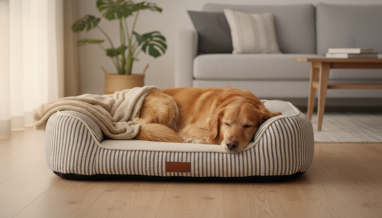 A realistic, warm-lit 16:9 image showing a small to medium-sized dog comfortably resting on a stylish orthopedic dog bed indoors. The bed features plush, supportive foam with a subtle modern design in neutral tones, placed in a cozy, clean living room setting with soft natural light coming through a window. The dog looks relaxed and content, emphasizing comfort, health, and wellbeing. No text, logos, or captions present.