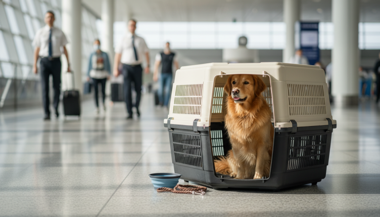 A realistic and editorial style image of a large dog sitting calmly inside a spacious, sturdy IATA-compliant travel crate at an airport terminal. The scene shows gentle natural lighting with soft background blur of airport staff and travelers, emphasizing careful and comfortable air travel preparation. Include subtle pet travel accessories nearby, like a water bowl and leash, conveying safety, comfort, and professionalism without any text or branding. The image is in a 16:9 aspect ratio.