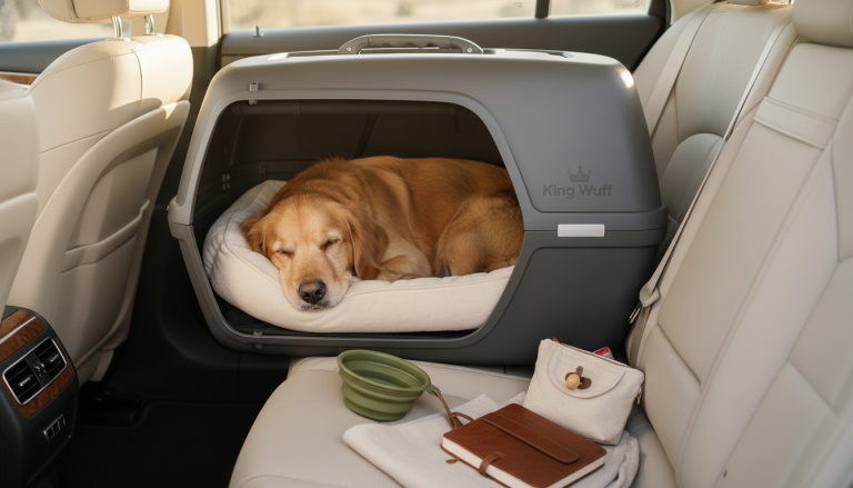 A realistic, warm editorial photo of a medium-sized dog comfortably resting inside a premium, ergonomic, airline-approved travel carrier by King Wuff, placed in the back seat of a car with soft natural light streaming in, showcasing a cozy orthopedic dog bed and neatly packed sustainable travel accessories nearby, emphasizing safety, comfort, and stylish travel for pet owners, captured in a 16:9 aspect ratio.
