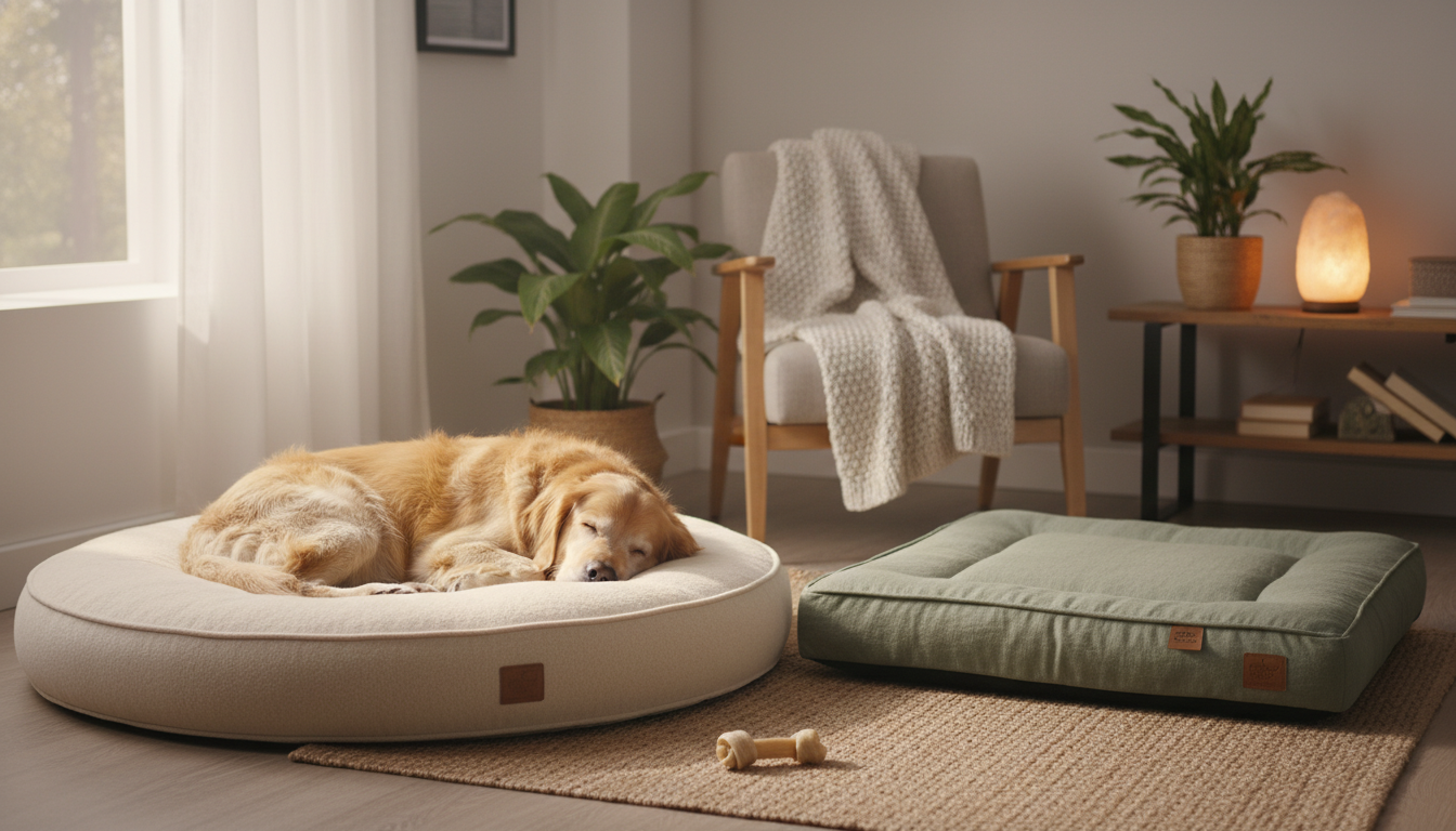 Dog resting comfortably on a bed