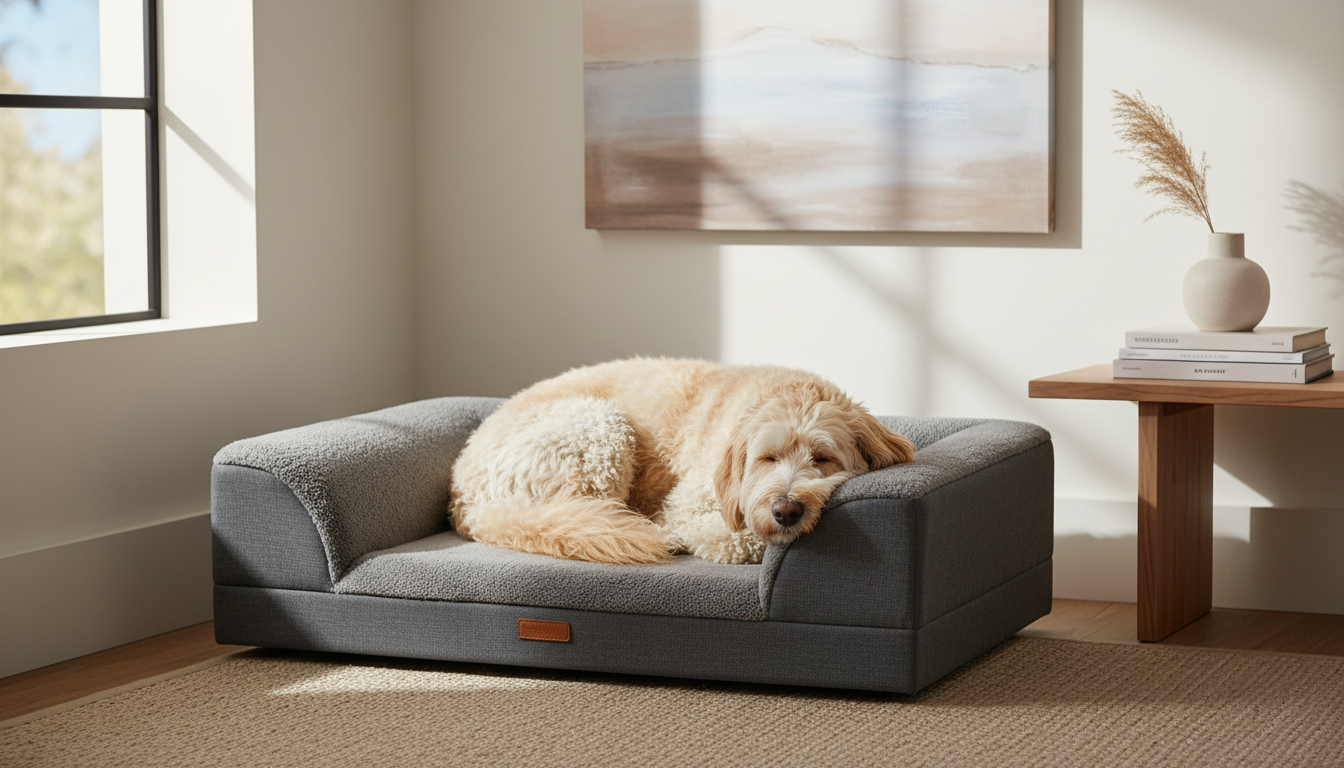 Small dog resting on a comfortable orthopedic bed from King Wuff