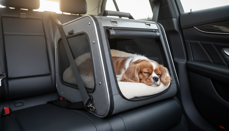 A realistic, editorial-style 16:9 image showing a small dog comfortably resting inside a stylish, ergonomic pet travel carrier securely placed on the back seat of a modern car. The carrier features breathable mesh panels and padded cushions, emphasizing comfort and safety. The scene is well-lit with natural daylight, highlighting the premium quality of the carrier and the calm, content expression of the dog. The interior of the car looks clean and modern, with seat belts securing the carrier firmly in place. No text, captions, or logos.