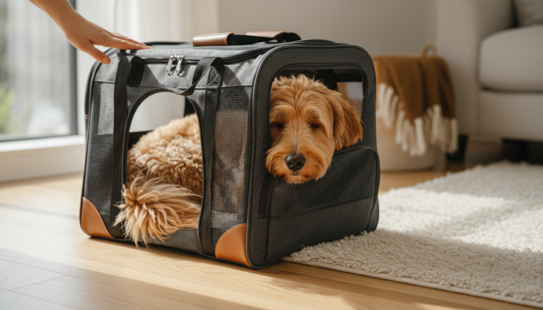 A realistic, warm editorial-style image showing a small to medium-sized dog comfortably sitting inside a stylish, premium dog carrier bag with breathable mesh panels and secure closures. The carrier is placed on a clean, modern indoor setting, suggesting comfort and safety, with soft natural lighting highlighting the dog’s relaxed and content expression. The scene subtly conveys convenience and bonding between dog and owner, focusing closely on the carrier bag’s ergonomic design and ventilation features, captured in a 16:9 aspect ratio without any text or logos.