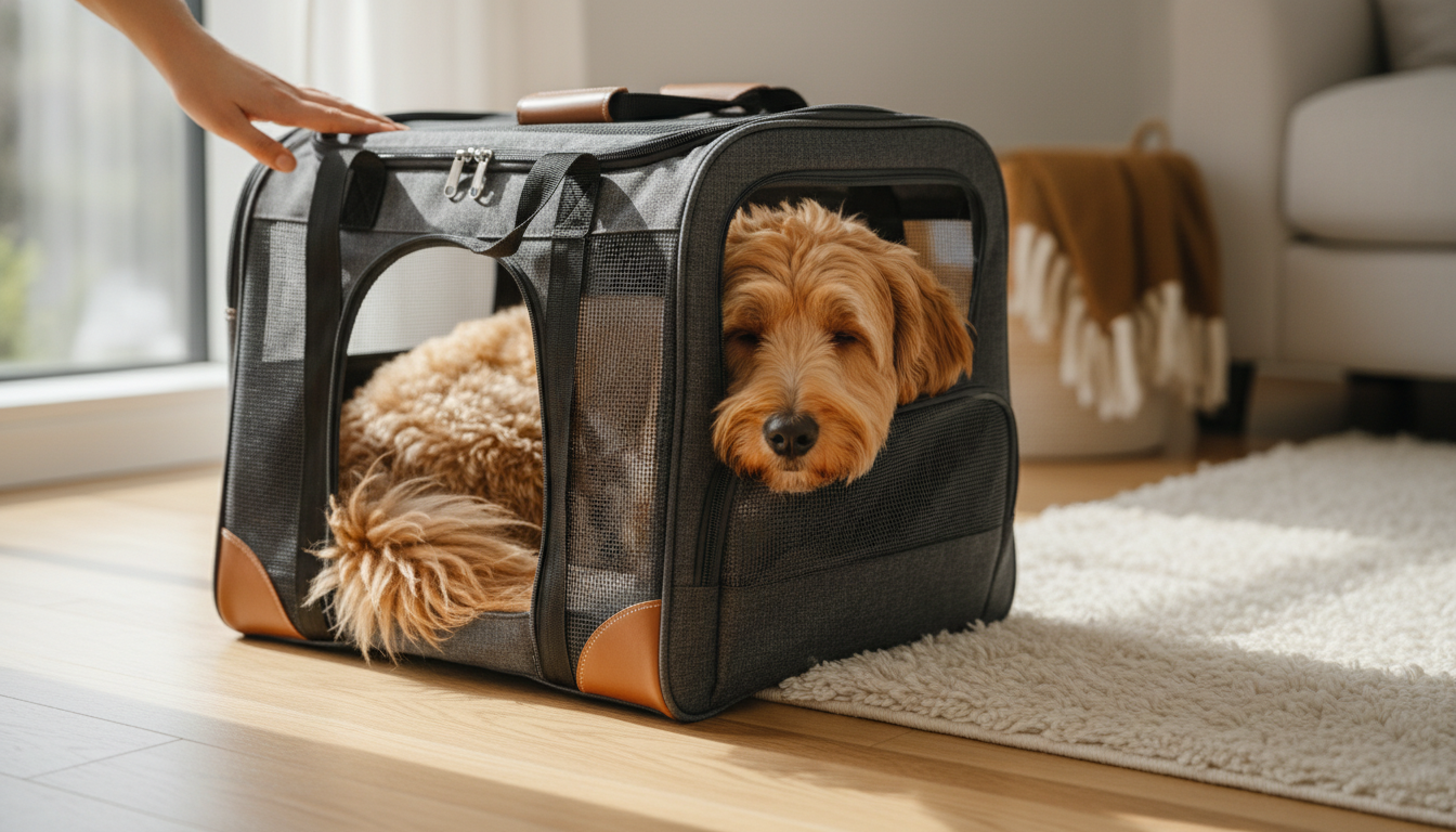 Small dog enjoying a comfortable ride in a black King Wuff dog carrier bag