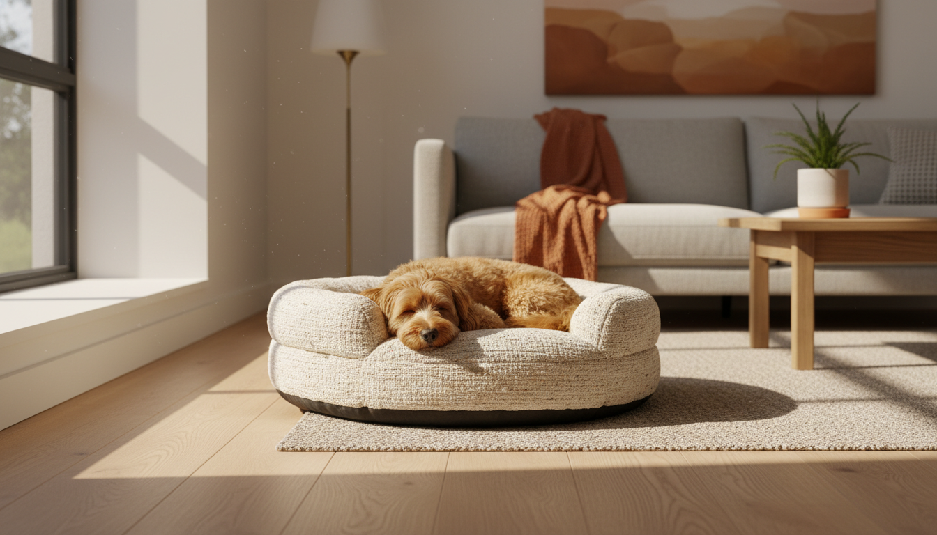 Small dog relaxing comfortably on premium dog bed in home setting