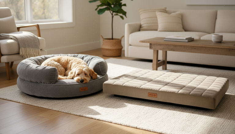 A cozy, sunlit living room featuring a small to medium-sized dog resting comfortably on a plush, stylish orthopedic dog bed. The scene includes both a round bed with raised bolsters and a flat rectangular bed side by side, highlighting their different shapes and textures. The dog, relaxed and content, is shown curled up on the round bed while the flat bed remains inviting and spacious nearby. The setting is warm and inviting, with natural light emphasizing the softness and quality of the beds’ premium materials, capturing a realistic and editorial style in a 16:9 aspect ratio.