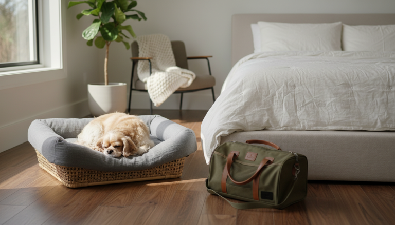 A cozy, well-lit modern bedroom scene featuring a small dog comfortably resting in an ergonomic orthopedic dog bed placed near a human bed. The dog bed is made of eco-friendly materials with a soft, breathable cover, positioned in a quiet corner with gentle natural light filtering through a window. Visible nearby is a stylish, compact dog carrier bag subtly placed on the floor, suggesting convenience and travel readiness. The atmosphere conveys warmth, safety, and premium comfort, emphasizing a loving and secure environment for a small dog’s sleep and wellbeing. Realistic, editorial photography style, 16:9 aspect ratio.