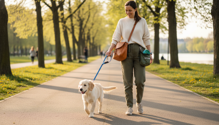 A realistic, warm outdoor scene featuring a young puppy on a short, gentle leash walk with a caring owner in a peaceful park setting. The puppy looks healthy and calm, enjoying a slow-paced stroll, while the owner carries a stylish, ergonomic dog carrier bag and a waterproof walking bag with essential puppy items. Soft natural lighting highlights the puppy’s delicate features and the comfortable, supportive environment. The image captures the balance of care, safe activity, and convenience for attentive dog parents following a mindful exercise routine. 16:9 aspect ratio.