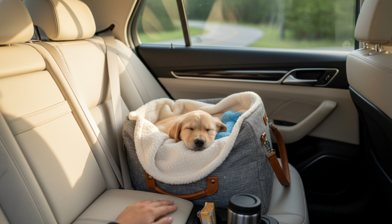 A realistic, warm editorial-style image showing a small 8-week-old puppy comfortably resting inside an ergonomic, stylish dog carrier bag designed for small breeds, securely placed in the backseat of a car. The puppy looks calm and cozy, surrounded by soft blankets and a favorite toy, with sunlight gently streaming through the car window. The setting conveys safety, comfort, and thoughtful travel preparation, emphasizing the bond between the puppy and responsible dog parent during a road trip. The image is in a 16:9 aspect ratio, with no text or logos.