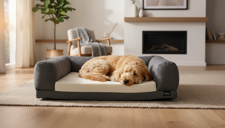 A realistic editorial-style image in 16:9 ratio featuring a small to medium-sized dog comfortably resting on a premium orthopedic dog bed indoors. The bed should have a stylish, ergonomic design with bolstered sides and visible plush, supportive materials. The setting is a cozy, modern home environment with natural lighting, emphasizing comfort, health, and elegance. The dog looks relaxed and content, showcasing the bed's suitability for restful sleep and joint support. The image should evoke warmth, care, and premium quality without any text or branding.