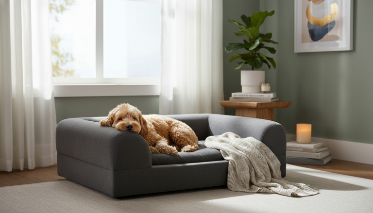 A cozy, well-lit indoor scene featuring a small to medium-sized dog peacefully sleeping on a modern orthopedic memory foam dog bed with ergonomic bolsters, placed in a quiet, stylish corner of a home. The environment is calm and inviting, with soft natural light filtering through a nearby window, subtle calming decor elements, and a comfortable, temperature-controlled setting that reflects safety and wellbeing. The dog looks relaxed and content, showcasing premium comfort and joint support in a realistic editorial style, 16:9 aspect ratio.