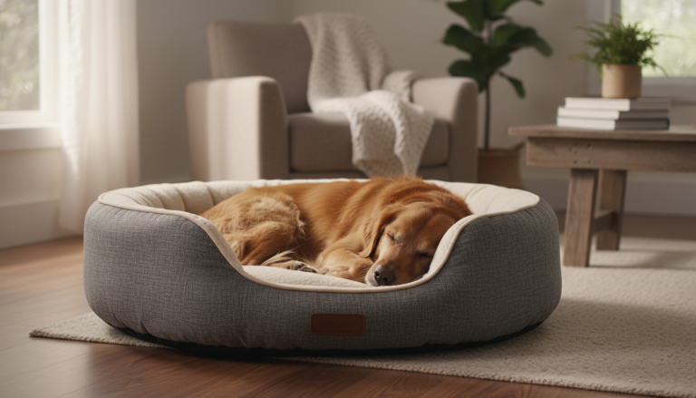 A cozy, realistic scene featuring a small to medium-sized dog peacefully resting in a premium, ergonomic dog bed with raised edges and memory foam cushioning inside a warm, inviting home environment; soft natural lighting highlights the bed’s plush texture and eco-friendly materials, conveying comfort, security, and calmness, with the dog appearing relaxed and content, emphasizing anxiety relief through a safe and soothing space; 16:9 aspect ratio, editorial photography style, no text or logos.