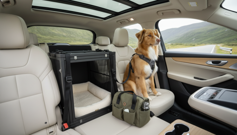 A realistic editorial-style image in 16:9 aspect ratio showing a calm small to medium-sized dog securely seated inside a modern car. On one side, the dog is comfortably restrained with a high-quality, crash-tested car harness attached to the seatbelt; on the other side, a sturdy, heavy-duty dog crate is visible, anchored safely in the back seat. The interior of the car is clean and stylish, featuring eco-friendly materials and subtle pet travel accessories like an orthopedic dog bed inside the crate and a sleek walking bag on the floor, conveying safety, comfort, and premium quality in a natural travel setting.