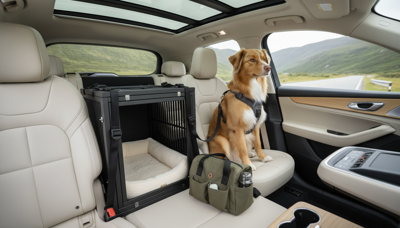 Dog in car travel safety with crate and harness options
