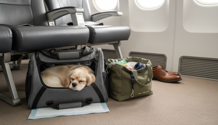 A realistic, editorial-style image of a small to medium-sized dog calmly resting inside a stylish, ergonomic dog carrier bag designed for air travel, placed under an airplane seat in a tidy cabin environment. The scene includes subtle details like a neatly folded absorbent potty pad inside the carrier and a clean, organized eco-friendly dog walking bag with pet care essentials beside the carrier. The lighting is natural, evoking a calm, reassuring atmosphere for thoughtful, prepared pet travel without any text or branding. The image is in a 16:9 aspect ratio, focusing on comfort, safety, and preparedness for dog parents traveling by plane.