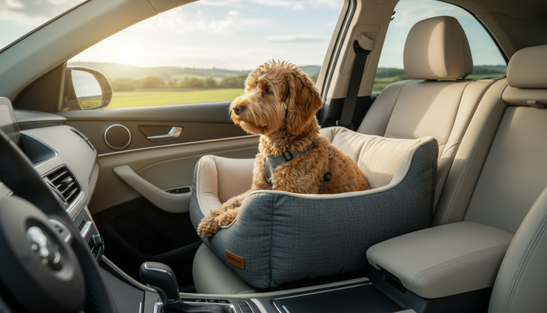 A realistic, well-lit 16:9 image showing a small to medium-sized dog comfortably seated in a stylish, padded dog car seat inside a modern car. The dog looks calm and relaxed, gazing out the window with a peaceful expression. The car seat features ergonomic design with memory foam cushioning and eco-friendly materials visible in texture. Sunlight streams subtly through the car window, highlighting the cozy and secure environment. The interior of the car is clean and modern, emphasizing safety and comfort, with no humans visible to keep focus on the dog and the car seat in use during travel.