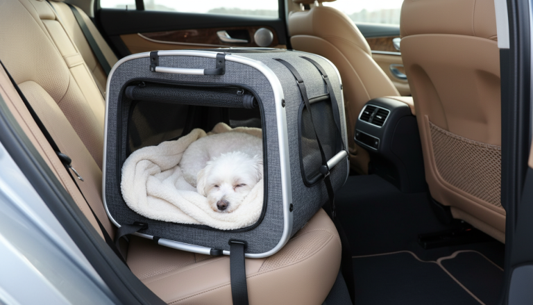 A realistic, editorial-style image of a premium dog carrier placed securely on the floor behind the front passenger seat inside a modern car; the carrier is made from high-quality materials with ergonomic design features, showing a small dog comfortably resting inside with soft bedding visible; natural daylight filters gently through the windows highlighting the carrier’s texture and the vehicle’s clean, stylish interior; focus on safety and comfort aspects, no people or text, 16:9 aspect ratio.