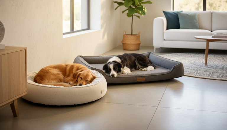 A bright, modern living room scene featuring a small to medium-sized dog peacefully resting on a high-quality, stylish round dog bed made with soft, eco-friendly materials, placed cozily against a wall; nearby, another similar dog on an elegant rectangular orthopedic bed stretching comfortably; both beds showcase premium, ergonomic design with plush cushioning and durable fabrics; natural daylight fills the room highlighting the comfort and wellbeing of the dogs in a warm, inviting home environment, realistic and editorial style, 16:9 aspect ratio.