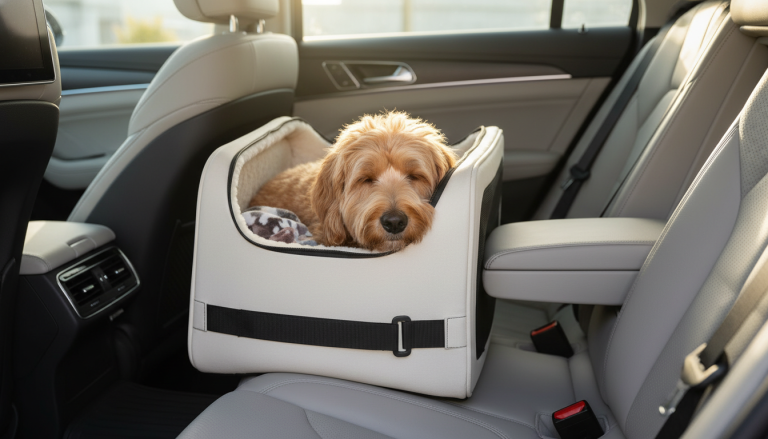 A realistic, warm editorial-style image of a small to medium-sized dog comfortably resting inside a stylish, ergonomic dog carrier bag securely placed on the backseat of a modern car. The dog looks calm and content, with soft natural light coming through the car window, highlighting the padded, orthopedic interior of the carrier. The setting conveys safety, comfort, and a positive short car ride experience, with subtle details like a seatbelt attachment securing the carrier and a clean, uncluttered car interior in a 16:9 aspect ratio.