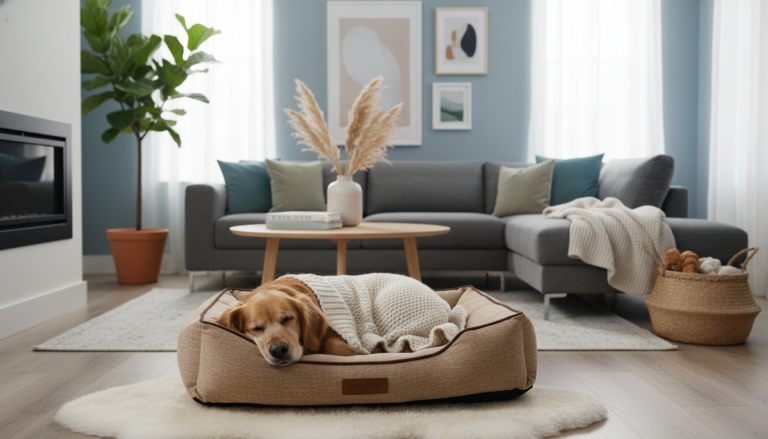 A realistic, editorial-style image in 16:9 ratio featuring a cozy, stylish orthopedic dog bed in a modern living room setting. The bed showcases calming colors like navy blue or soft yellow, or natural earth tones such as beige and brown, blending harmoniously with tasteful home décor. A small to medium-sized dog is peacefully resting on the bed, appearing comfortable and relaxed. The surrounding environment conveys warmth, cleanliness, and a stylish yet pet-friendly home atmosphere, emphasizing both comfort and design without any text or branding.