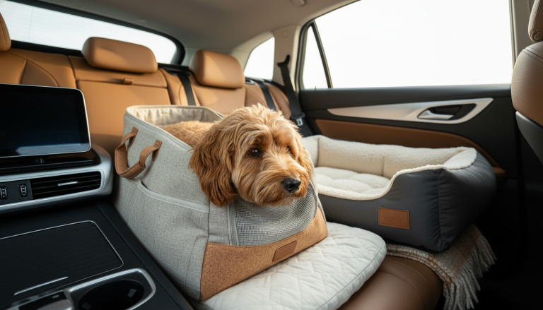 A realistic, warm scene of a small to medium-sized dog comfortably resting inside a stylish, ergonomic dog carrier bag placed on a car seat. The carrier features premium, eco-friendly materials and padded support, emphasizing comfort and safety. Soft natural light filters through the car window, highlighting the dog's calm and relaxed expression as it looks out gently. Nearby, a sleek orthopedic dog bed with plush cushioning is visible on the backseat, hinting at restful stops during the journey. The interior of the car is clean and modern, conveying a sense of premium travel experience for the pet. The image captures a serene and caring atmosphere, focusing on the dog's comfort and wellbeing during a long car ride. The composition is in 16:9 aspect ratio, with no text or branding.
