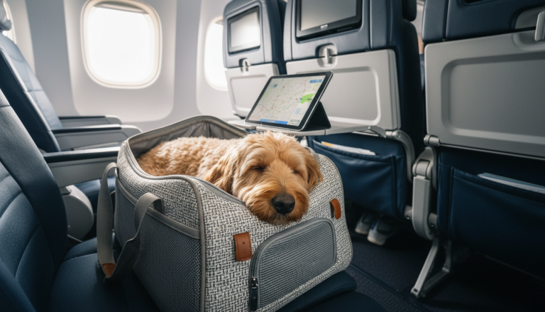 A realistic, editorial-style image in 16:9 aspect ratio showing a medium-sized dog comfortably resting inside a stylish, ergonomic soft-sided dog carrier bag, subtly branded but without visible logos or text, placed under or beside an airplane seat in a bright, calm airplane cabin environment, with natural light highlighting the texture and quality of the carrier materials and the relaxed, content expression of the dog, conveying safety, comfort, and premium travel readiness.