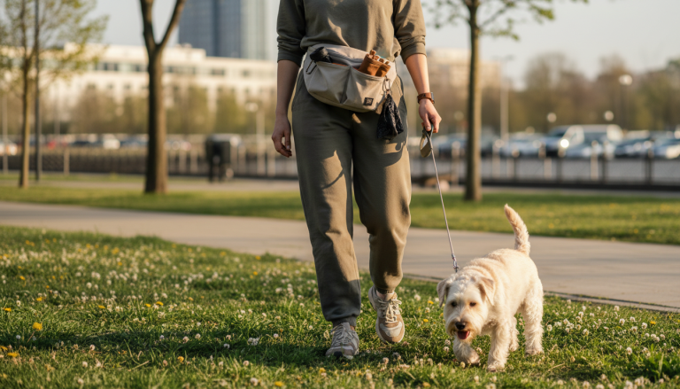 A realistic, editorial-style image of a stylish dog parent walking a small to medium-sized dog outdoors in a park or urban setting during daytime. The dog parent is wearing a modern, eco-friendly belt bag around the waist or as a crossbody, with visible compartments subtly open showing dog walking essentials like treats and waste bags. The scene conveys active, hands-free convenience, ergonomic comfort, and a fashionable, practical lifestyle. Natural lighting, clear focus on the belt bag in use, with the dog happily engaged nearby. 16:9 aspect ratio.
