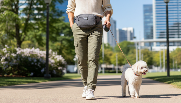 A stylish young person walking a small dog in an urban park, wearing a sleek, modern belt bag around their waist; the belt bag features ergonomic design and multiple compartments, showing hands-free convenience; the scene is bright and natural with greenery and city buildings in the background, capturing an active, practical lifestyle of a modern dog owner; realistic, editorial photography style, 16:9 aspect ratio, no text or logos.
