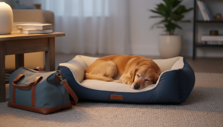 A cozy indoor setting featuring a small to medium-sized dog peacefully resting on a premium orthopedic dog bed in calming navy blue and earthy beige tones. The environment is softly lit with warm, low-intensity lighting that evokes a relaxing dusk atmosphere. Nearby, a stylish, ergonomic dog carrier bag in complementary muted colors subtly blends into the scene. The background is softly blurred to emphasize the dog and the comfortable sleep setup, highlighting a serene and healthy pet rest environment without any text, logos, or distractions. The overall style is realistic and editorial, conveying comfort, safety, and premium quality. The image is horizontal with a 16:9 aspect ratio.