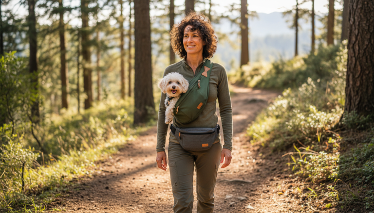 A realistic and editorial style image showing a stylish dog owner outdoors, walking or hiking with a small to medium dog, wearing a premium ergonomic sling bag on one shoulder and a sleek waist bag around their hips. The environment is natural and inviting, emphasizing active lifestyle and pet comfort. The focus is on the well-designed dog carrier bags made from eco-friendly materials, highlighting durability, comfort, and style, with the small dog comfortably nestled or secured in the sling bag. The lighting is natural daylight, capturing a warm, caring atmosphere suitable for a blog hero image about dog owners choosing between sling and waist bags. The image is in 16:9 aspect ratio with no text or logos.