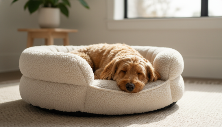 A realistic, warm, and inviting scene showing a small to medium-sized dog peacefully resting in a soft, cozy, ergonomic calming dog bed with raised bolsters. The bed is made of plush fleece or organic cotton fabric in neutral, soothing colors, placed in a clean, stylish home environment with soft natural lighting. The focus is on the dog’s relaxed expression and the detailed textures of the comfortable bed, emphasizing comfort, security, and wellbeing, with no text or logos, in a 16:9 aspect ratio.