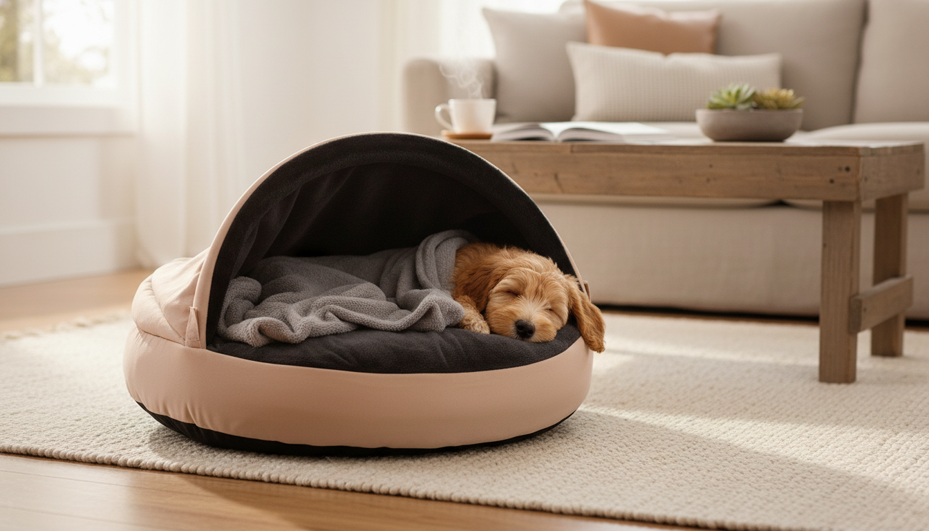 Dog Bed Snuggler: Cozy Cave Comfort in Beige & Black